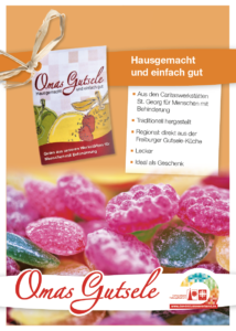 Plakat mit Werbung zum Thema Bonbons "Omas Gutsele" des Caritasverbandes Freiburg-Stadt, Text