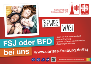 Plakatwand mit Werbung zu Freiwilligendiensten des Caritasverbandes Freiburg-Stadt, Konzept, Text